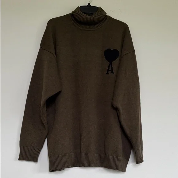 Ami Alexandre Mattiussi Green Turtleneck Sweater with Heart Detail